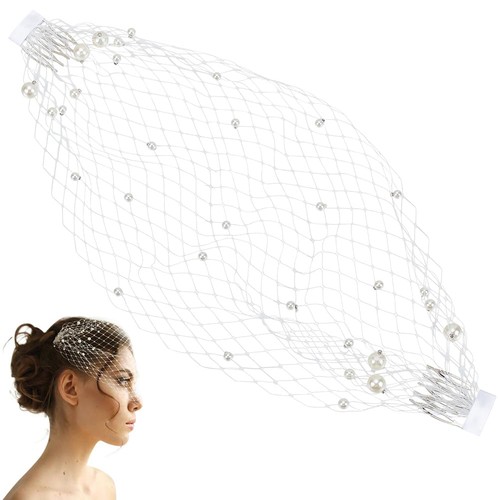 White pearl birdcage veil mesh - white,